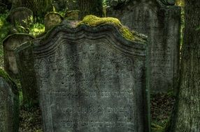 old mossy tombstone on jewish cemetery