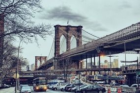 historic structure of suspension brooklyn bridge in New York City