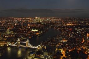 aerial view of tower bridge in night cityscape, uk, england, london