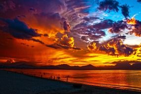 awesome sunset sky above lagoon and beach, vietnam, da nang bay