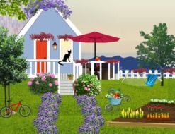 tiny house in beautiful garden at seaside, illustration