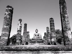 black and white image of Sitting Buddha statue