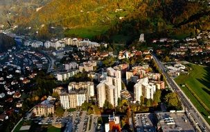 air view of town in mountain valley, slovenia