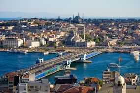 Galata Bridge across Golden Horn in view of city, turkey, istanbul