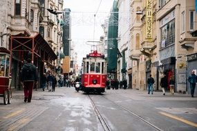 red Tram on Railway in old City