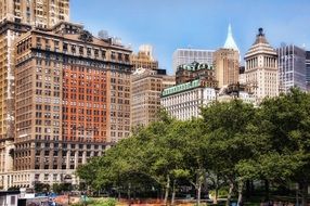 Contrasting building facades in Battery Park, Manhattan, New York (The big apple)