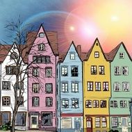 sun flare above colorful houses, illustration