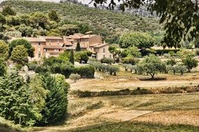 village and garden on hill side, france, provence