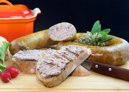 homemade liver sausage and bread, still life