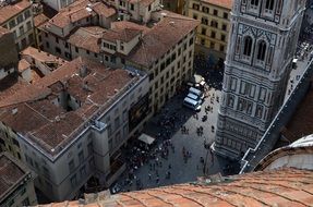 fragment of Giotto's Campanile at roof view of city, italy, florence