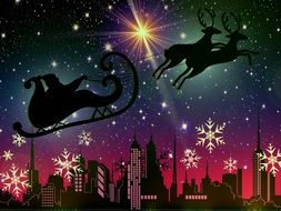 santa claus and deer fly in sky above city, christmas illustration