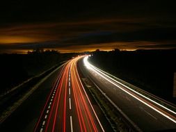 traffic lights on night highway, long exposure