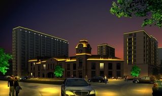 illuminated buildings on night street, visualization