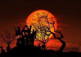 full moon at red sky above cemetery, illustration