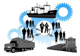 logistics, illustration with transport, people and gears