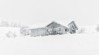 wooden house on hill at snowfall