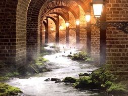 fantasy illustration with birds above river in illuminated brick arcade