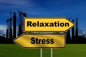 relaxation and stress, direction signs at cityscape, illustration