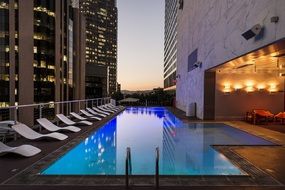 swimming pool on hotel roof at evening, nobody, california, los angeles