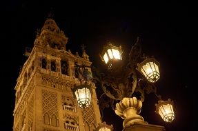 antique street lantern in front of cathedrale at night, spain, seville