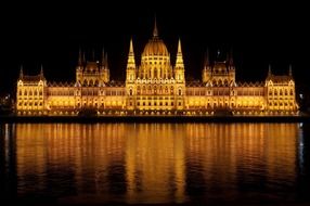 landscape of parliament building in golding lighting with reflrction on water at night, hungary, budapest