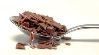 worker with jack hammer breaking chocolate pieces, collage