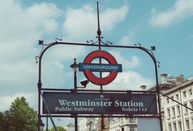 Westminster station sign in London, England