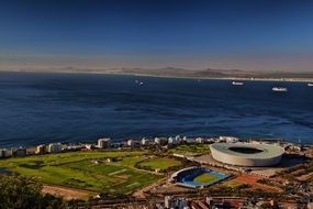 aerial view of stadium at ocean, south africa, cape town