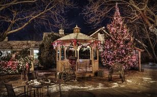 gazebo and christmas decorations in backyard