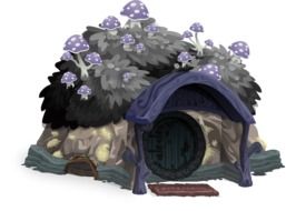 clipart of cartoon small hut with plants and mushrooms on roof