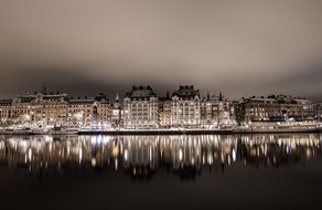 beautiful night view stockholm city water reflection