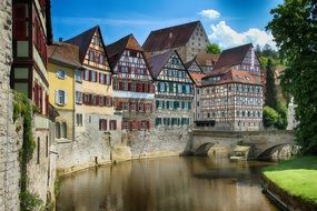 timber framed buildings at canal, germany, schwabisch hall