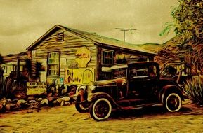 car at shop in countryside, retro illustration