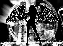 sexy winged woman silhouette at cityscape, collage