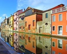 colorful old houses, waterfront with mirroring, italy, chioggia