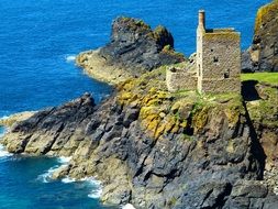 ruined Engine houses at Crown Mines on cliff at sea, uk, england, cornwall
