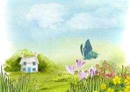 spring background with flowers, butterfly and small house, artwork