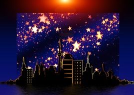colorful christmas greeting card with stars above city