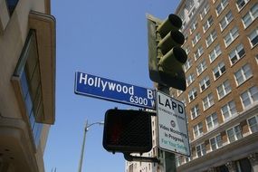 hollywood, street sign at traffic light in city, usa, california, los angeles