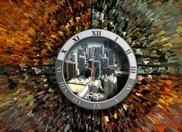 elapsed time, colorful collage with cityscape in dial