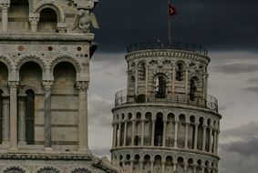 top of leaning tower at stormy sky, italy, pisa