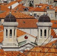 roof view of church with two bell towers in old town, croatia, dubrovnik