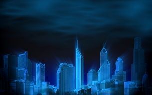 blue skyscrapers with beams of light at dark sky