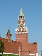 Spasskaya kremlin tower with clocks at sky, russia, moscow