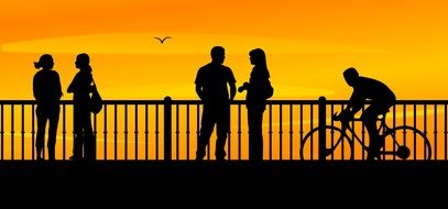 people on bridge at sunset, silhouettes at orange background