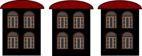three brown houses with red roofs, illustration