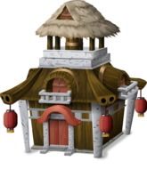 cartoon oriental house with red lanterns