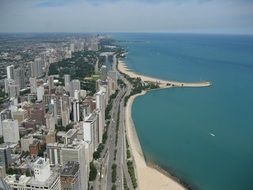 skyline of city on seashore, usa, illinois, chicago