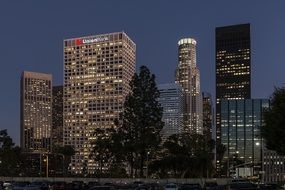 skyscrapers in downtown at night, usa, california, los angeles