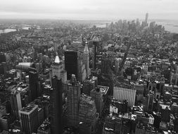 black and white aerial view of downtown, usa, manhattan, new york city